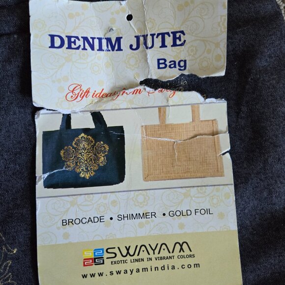 Brand New Indian Denim Jute Bag with gold Pattern, Made in India - Picture 7 of 8